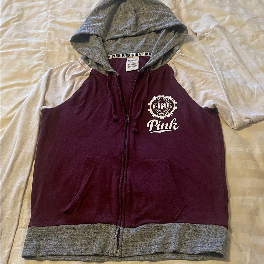 PINK Victoria’s Secret Maroon Gray Colorblock Full Zip Logo Hoodie Flaw XS